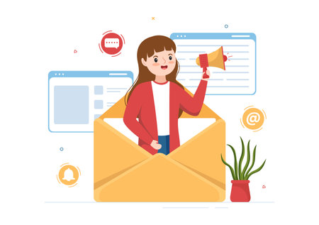 Email Service with Correspondence Delivery, Electronic Mail Message and Business Marketing in Flat Cartoon Hand Drawn Templates Illustrationのイラスト素材