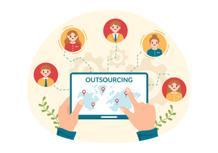 Outsourcing Business with Idea of Teamwork, Company Development, Investment and Project Delegation in Flat Cartoon Hand Drawn Templates Illustrationのイラスト素材