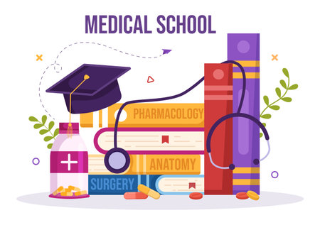 Medical School with Students Listening to Doctor Lecture and Learning Science in Classroom in Flat Cartoon Hand Drawn Template Illustrationのイラスト素材