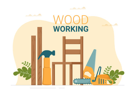 Woodworking with Wood Cutting by Modern Craftsman and Worker using Tools Set in Flat Cartoon Hand Drawn Template Illustrationのイラスト素材