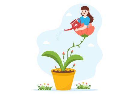 Personal Development with People Developing Mental Issues, Growth and Self Improvement as Plant in Flat Cartoon Hand Drawn Templates Illustrationのイラスト素材