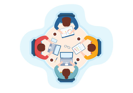 City Council Meeting with Business Team, Employee for Important Negotiation or Define Buildings in Flat Cartoon Hand Drawn Templates Illustrationのイラスト素材