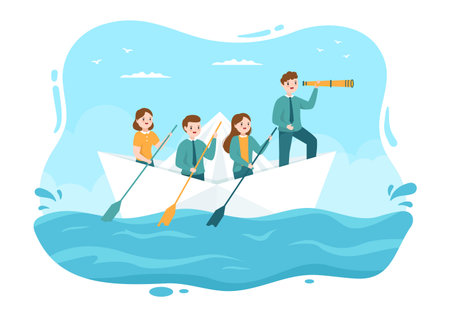Business Leadership with Businessman Leader Helps the Team to Develop Themselves to Success in Flat Cartoon Hand Drawn Templates Illustrationのイラスト素材