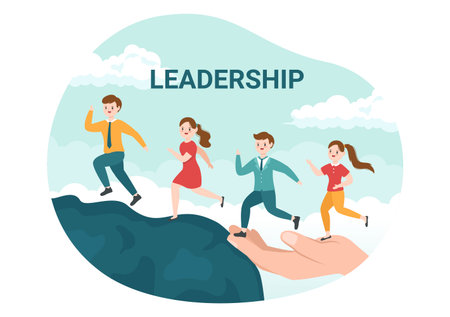 Business Leadership with Businessman Leader Helps the Team to Develop Themselves to Success in Flat Cartoon Hand Drawn Templates Illustrationのイラスト素材