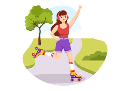 People Riding Roller Skates in City Park for Outdoor Activity, Sports Recreation or Weekend Recreation in Cartoon Hand Drawn Template Illustrationのイラスト素材