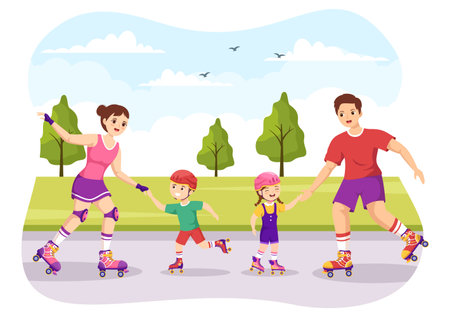 Kids Riding Roller Skates in City Park for Outdoors Activity, Sport Recreation or Weekend Leisure in Flat Cartoon Hand Drawn Templates Illustrationのイラスト素材