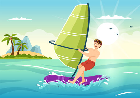Windsurfing with the Person Standing on the Sailing Boat and Holding the Sail in Extreme Water Sport Flat Cartoon Hand Drawn Templates Illustrationのイラスト素材