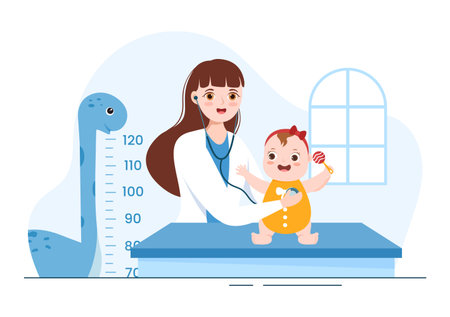 Pediatrician Examines Sick Kids and Baby for Medical Development, Vaccination and Treatment in Flat Cartoon Hand Drawn Templates Illustrationのイラスト素材