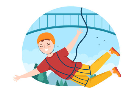 Bungee Jumping Illustration with a Person Wearing an Elastic Rope Falling Jumping From a Height in Flat Cartoon Extreme Sports Vector Templateのイラスト素材
