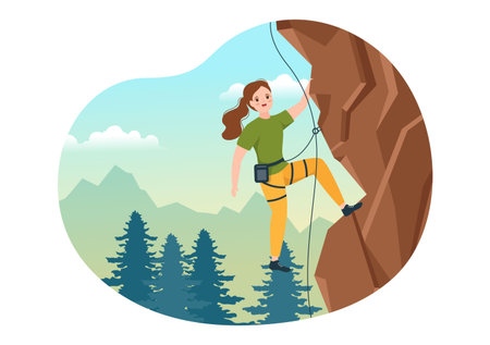 Cliff Climbing Illustration with Climber Climb Rock Wall or Mountain Cliffs and Extreme Activity Sport in Flat Cartoon Hand Drawn Templateのイラスト素材