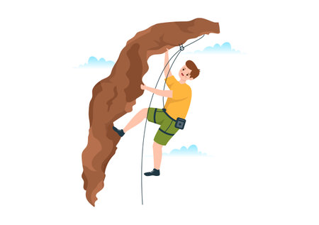 Cliff Climbing Illustration with Climber Climb Rock Wall or Mountain Cliffs and Extreme Activity Sport in Flat Cartoon Hand Drawn Templateのイラスト素材