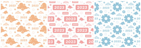 Set of Chinese Lunar New Year 2023 Days Seamless Pattern Decoration Template Hand Drawn Cartoon Flat...