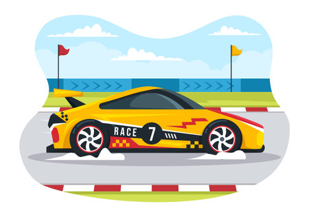 Formula Racing Sport Car Reach on Race Circuit the Finish Line Cartoon Illustration to Win the Championship in Flat Style Hand Drawn Templates Designのイラスト素材