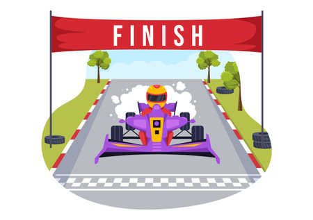Formula Racing Sport Car Reach on Race Circuit the Finish Line Cartoon Illustration to Win the Championship in Flat Style Hand Drawn Templates Designのイラスト素材