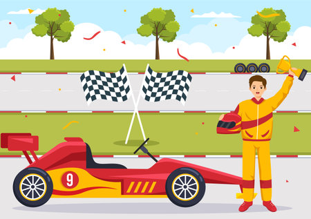 Formula Racing Sport Car Reach on Race Circuit the Finish Line Cartoon Illustration to Win the Championship in Flat Style Hand Drawn Templates Designのイラスト素材