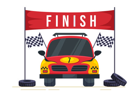 Formula Racing Sport Car Reach on Race Circuit the Finish Line Cartoon Illustration to Win the Championship in Flat Style Hand Drawn Templates Designのイラスト素材