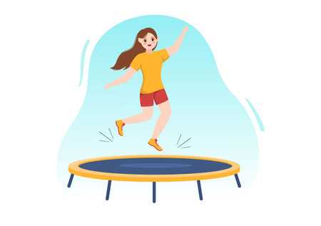Trampoline Illustration with Youth Jumping On a Trampolines in Hand Drawn Flat Cartoon Summer Outdoor Activity Background Templateのイラスト素材
