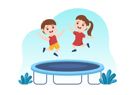 Trampoline Illustration with Little Kids Jumping On a Trampolines in Hand Drawn Flat Cartoon Summer Outdoor Activity Background Templateのイラスト素材