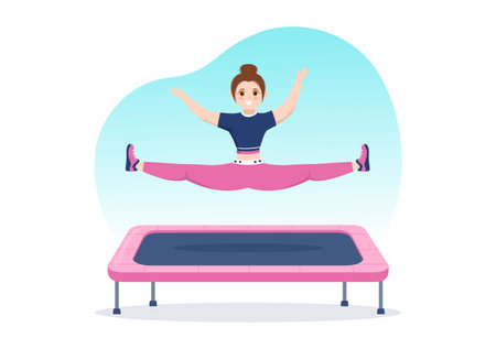 Trampoline Illustration with Youth Jumping On a Trampolines in Hand Drawn Flat Cartoon Summer Outdoor Activity Background Templateのイラスト素材