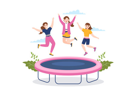 Trampoline Illustration with Youth Jumping On a Trampolines in Hand Drawn Flat Cartoon Summer Outdoor Activity Background Templateのイラスト素材