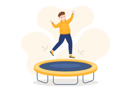 Trampoline Illustration with Youth Jumping On a Trampolines in Hand Drawn Flat Cartoon Summer Outdoor Activity Background Templateのイラスト素材