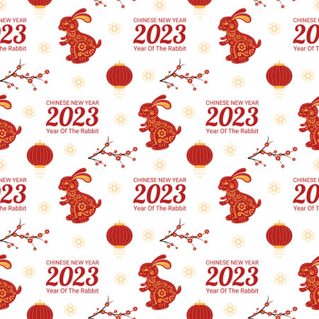 Chinese Lunar New Year 2023 Day Seamless Pattern Decoration Template Hand Drawn Cartoon Flat Illustrationのイラスト素材