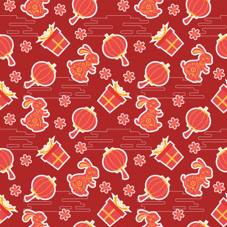 Chinese Lunar New Year 2023 Day Seamless Pattern Decoration Template Hand Drawn Cartoon Flat Illustrationのイラスト素材