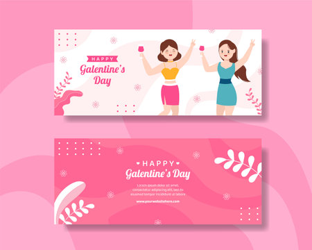 Happy Galentines Day Banner Flat Cartoon Hand Drawn Templates Illustrationのイラスト素材