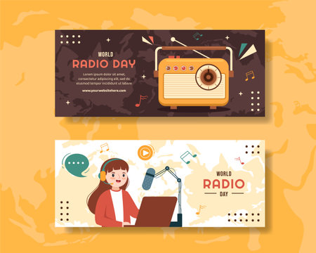 World Radio Day Banner Flat Cartoon Hand Drawn Background Templates Illustrationのイラスト素材