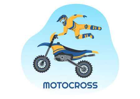 Motocross Illustration with a Rider Riding a Bike Through Mud, Rocky Roads and Adventure in Extreme Sport Flat Cartoon Hand Drawn Templateのイラスト素材