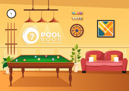 Billiards Game Illustration with Player Pool Room with Stick, Table and Billiard Balls in Sports Club in Flat Cartoon Hand Drawn Templatesのイラスト素材
