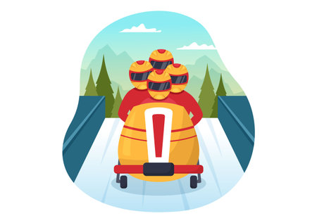 Athlete Riding Sled Bobsleigh Illustration with Snow, Ice and Bobsled Track for Competition in...
