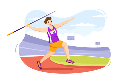 Javelin Throwing Athlete Illustration using a Long Lance Shaped Tool to Throw in Sports Activity Flat Cartoon Hand Drawn Templateのイラスト素材