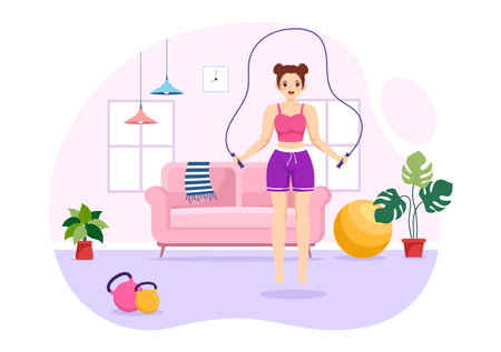 Jump Rope Illustration with People Playing Skipping Wear Sportswear in Indoor Fitness Sport Activities Flat Cartoon Hand Drawn Templatesのイラスト素材