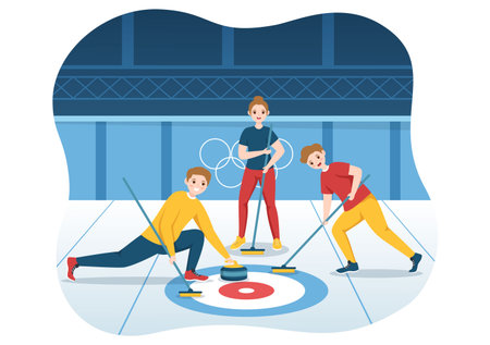 Curling Sport Illustration with Team Playing Game of Rocks and Broom in Rectangular Ice Ring in...
