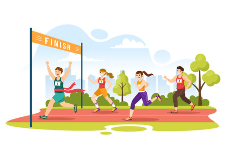 Marathon Race Illustration with People Running, Jogging Sport Tournament and Run to Reach the Finish Line in Flat Cartoon Hand Drawn Templateのイラスト素材