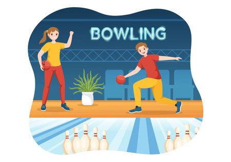 Bowling Game Illustration with Pins, Balls and Scoreboards in a Sport Club for Web Banner or Landing Page in Flat Cartoon Hand Drawn Templatesのイラスト素材