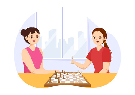 Chess Board Game Illustration with People Sitting Opposite and Playing for Web Banner or Landing Page in Cartoon Hand Drawn Templates Illustrationのイラスト素材