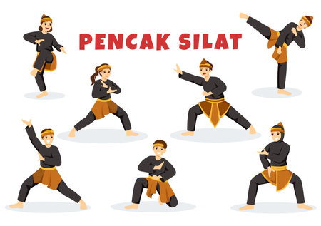 Pencak Silat Sport Illustration with People Pose Martial Artist from Indonesia for Web Banner or Landing Page in Flat Cartoon Hand Drawn Templatesのイラスト素材