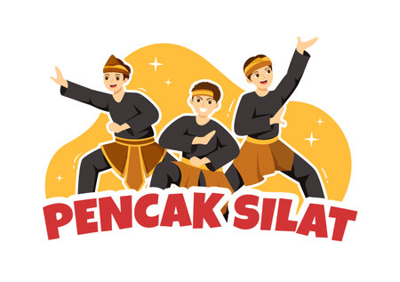 Pencak Silat Sport Illustration with People Pose Martial Artist from Indonesia for Web Banner or Landing Page in Flat Cartoon Hand Drawn Templatesのイラスト素材