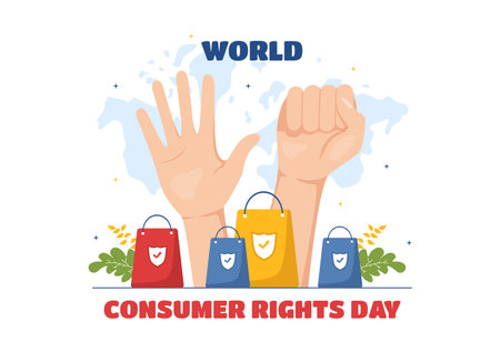 World Consumer Rights Day Illustration with Shopping, Bags and Needs of Consumers for Web Banner or Landing Page in Flat Cartoon Hand Drawn Templatesのイラスト素材