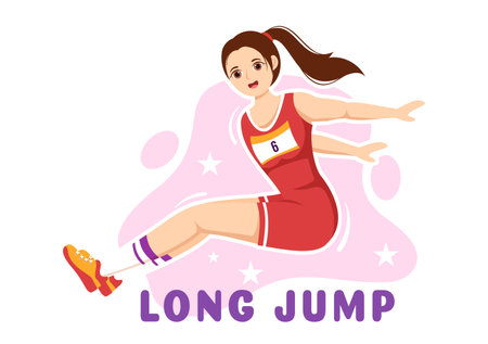 Long Jump Illustration with Athlete Doing Jumps in Sand Pit for Web Banner or Landing Page in Sport Championship Flat Cartoon Hand Drawn Templatesのイラスト素材