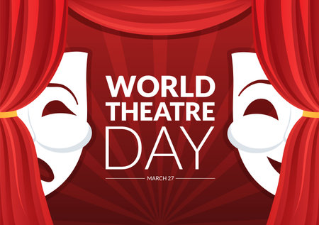 World Theatre Day on March 27 Illustration with Masks and to Celebrate Theater for Web Banner or Landing Page in Flat Cartoon Hand Drawn Templatesのイラスト素材