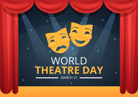 World Theatre Day on March 27 Illustration with Masks and to Celebrate Theater for Web Banner or Landing Page in Flat Cartoon Hand Drawn Templatesのイラスト素材