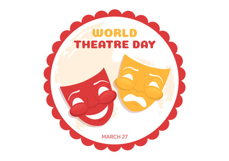 World Theatre Day on March 27 Illustration with Masks and to Celebrate Theater for Web Banner or Landing Page in Flat Cartoon Hand Drawn Templatesのイラスト素材