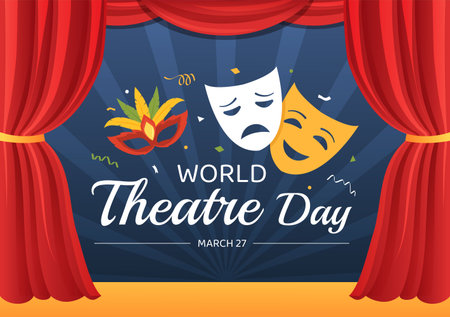 World Theatre Day on March 27 Illustration with Masks and to Celebrate Theater for Web Banner or Landing Page in Flat Cartoon Hand Drawn Templatesのイラスト素材
