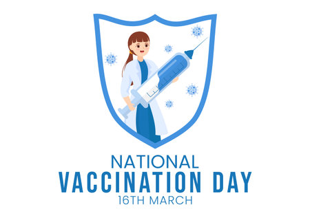 National Vaccination Day on March 16 Illustration with Vaccine Syringe for Strong Immunity in Flat Cartoon Hand Drawn to Landing Page Templateのイラスト素材