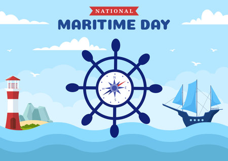 World Maritime Day Illustration with Sea and Ship for Web Banner or Landing Page in Flat Blue Nautical Celebration Cartoon Hand Drawn Templatesのイラスト素材