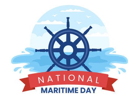 World Maritime Day Illustration with Sea and Ship for Web Banner or Landing Page in Flat Blue Nautical Celebration Cartoon Hand Drawn Templatesのイラスト素材