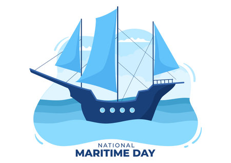 World Maritime Day Illustration with Sea and Ship for Web Banner or Landing Page in Flat Blue Nautical Celebration Cartoon Hand Drawn Templatesのイラスト素材
